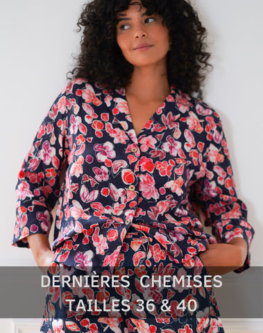 Nêge Paris - pyjamas Encore un Soir  shirt pants with a midnight blue background decorated with floral and fruity details in pink and red colors
