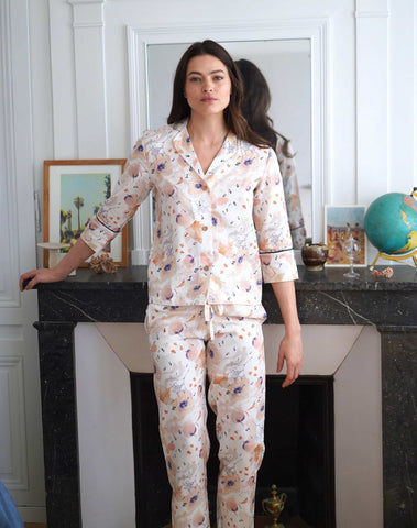 Eco-responsible shirt from pyjamas  Chanson Douce  with white and terracotta patterns, 100% Tencel Lyocell