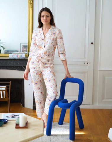 Eco-responsible shirt from pyjamas  Chanson Douce  with white and terracotta patterns, 100% Tencel Lyocell
