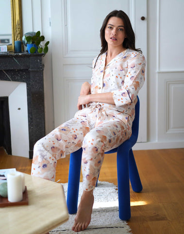 Pantalon de pyjama éco-responsable Chanson Douce à motifs blanc et terracotta, 100% Tencel Lyocell