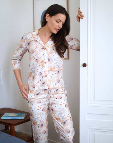 Eco-responsible pants from pyjamas  Chanson Douce  with white and terracotta pattern, 100% Tencel Lyocell