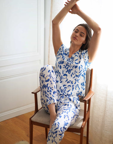Nêge Paris - Pyjama Top Pantalon Archipel couleur bleu et blanc tencel lyocell certifié OEKO-TEX