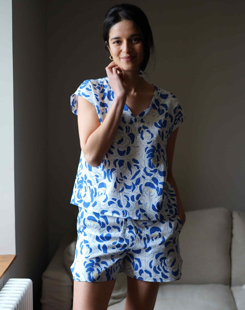 Nêge Paris - Pyjama Top Short Archipel couleur bleu et blanc tencel lyocell certifié OEKO-TEX 